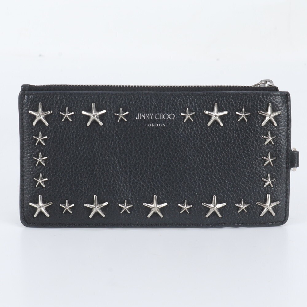 Jimmy Choo Star Studded Fragment Case Leather Long Wallet Black Women's